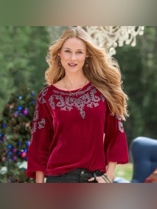 Sundance Tops - SUNDANCE Women's Velvet Embroidered Top in Crimson Red